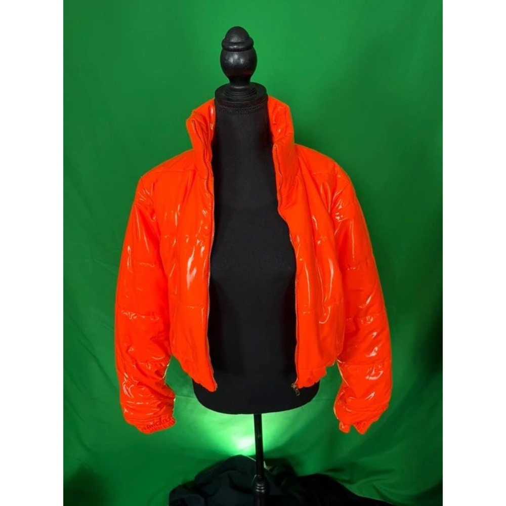 36points Women's M Orange High Shine Cropped Puffer Jacket Wet Look Y2K